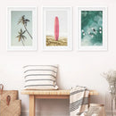 Pink Surfboard Wall Art. Pastel Beach, Waves, Tropical Palms by Wall Art Set