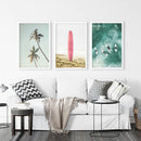 Pink Surfboard Wall Art. Pastel Beach, Waves, Tropical Palms by Wall Art Set
