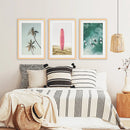 Pink Surfboard Wall Art. Pastel Beach, Waves, Tropical Palms by Wall Art Set