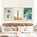 Pink Surfboard Wall Art. Pastel Beach, Waves, Tropical Palms by Wall Art Set