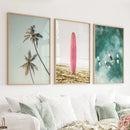 Pink Surfboard Wall Art. Pastel Beach, Waves, Tropical Palms by Wall Art Set
