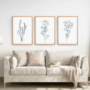 Botanical Line Art Set of 3 Pieces. Pastel Blue Flowers by Wall Art Set