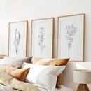 Botanical Line Art Set of 3 Pieces. Pastel Blue Flowers by Wall Art Set