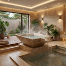 Modern indoor spa with stone bathtub and water feature, surrounded by plants and large windows. Patara Beige Vein-cut Travertine Natural Stone Pool Square Poolwok with Lip