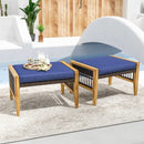 Patio Acacia Wood Ottomans with Cushions and Versatile Rattan Woven Footstools-Navy by LJGDeals