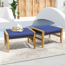 Patio Acacia Wood Ottomans with Cushions and Versatile Rattan Woven Footstools-Navy by DirectDeals