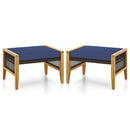 Patio Acacia Wood Ottomans with Cushions and Versatile Rattan Woven Footstools-Navy by DirectDeals