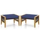 Patio Acacia Wood Ottomans with Cushions and Versatile Rattan Woven Footstools-Navy by LJGDeals