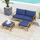 Patio Acacia Wood Ottomans with Cushions and Versatile Rattan Woven Footstools-Navy by LJGDeals