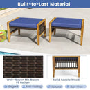 Patio Acacia Wood Ottomans with Cushions and Versatile Rattan Woven Footstools-Navy by LJGDeals