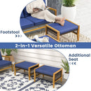 Patio Acacia Wood Ottomans with Cushions and Versatile Rattan Woven Footstools-Navy by DirectDeals