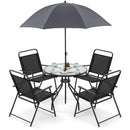 6 Pieces Patio Dining Set Folding Chairs Glass Table Tilt Umbrella for Garden by LJGDeals