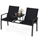 Patio Loveseat with Built-in Table with Breathable Fabric Back-Black by LJGDeals
