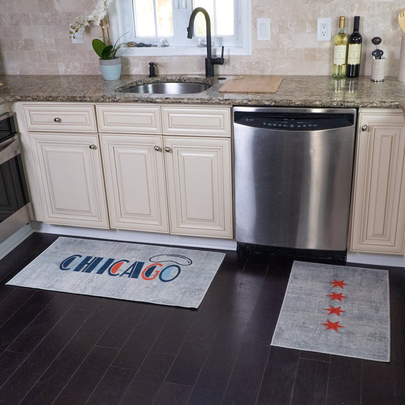US States Chicago Design Non Skid Washable Kitchen Runner Rugs Set of 2| 44 x 24 and 31.5 x 20 Inches Floor Mats|Ivory