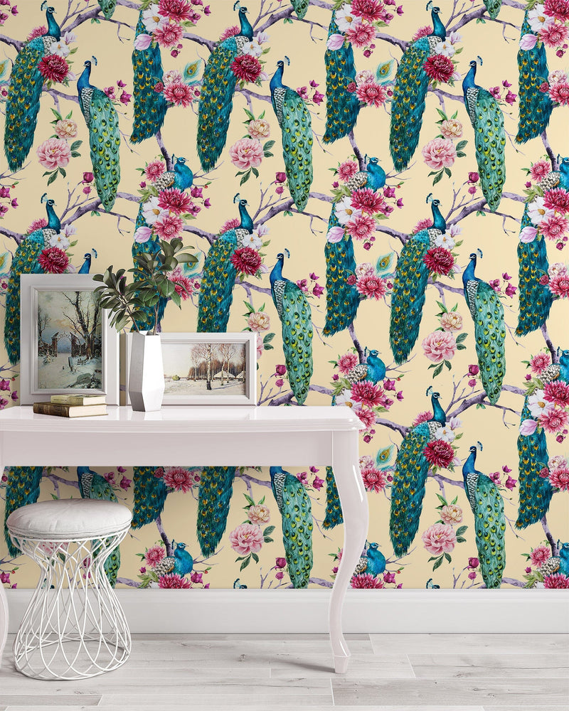 Peacock and Pink Magnolia Peel and Stick and Traditional Wallpaper