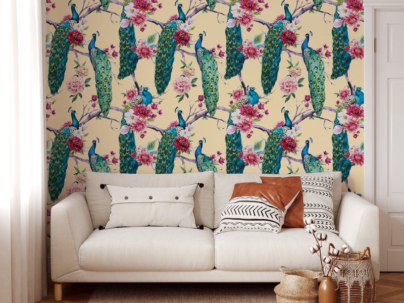 Peacock and Pink Magnolia Peel and Stick and Traditional Wallpaper