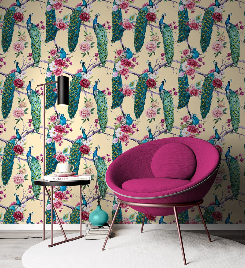 Peacock and Pink Magnolia Peel and Stick and Traditional Wallpaper