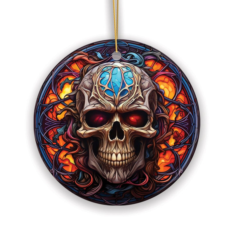 Phantom's Grin Sinister Skull Stained Glass Style Ceramic Ornament, Halloween Themed Christmas Gift and Decor