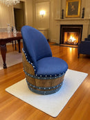 Whiskey & Wine Barrel Lounge Chair — Hidden Storage, Memory Foam, Blue Denim Upholstery (Limited)