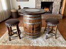 Whiskey & Wine Barrel Pub Set — 2 Stools, Counter Height, Cabinet Storage