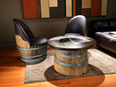Whiskey & Wine Barrel Coffee Table — Half-Barrel Glass Top, Hidden Storage