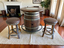 Whiskey & Wine Barrel Bistro Pub Set — 2 Stools, Glass Top, Foot Rail