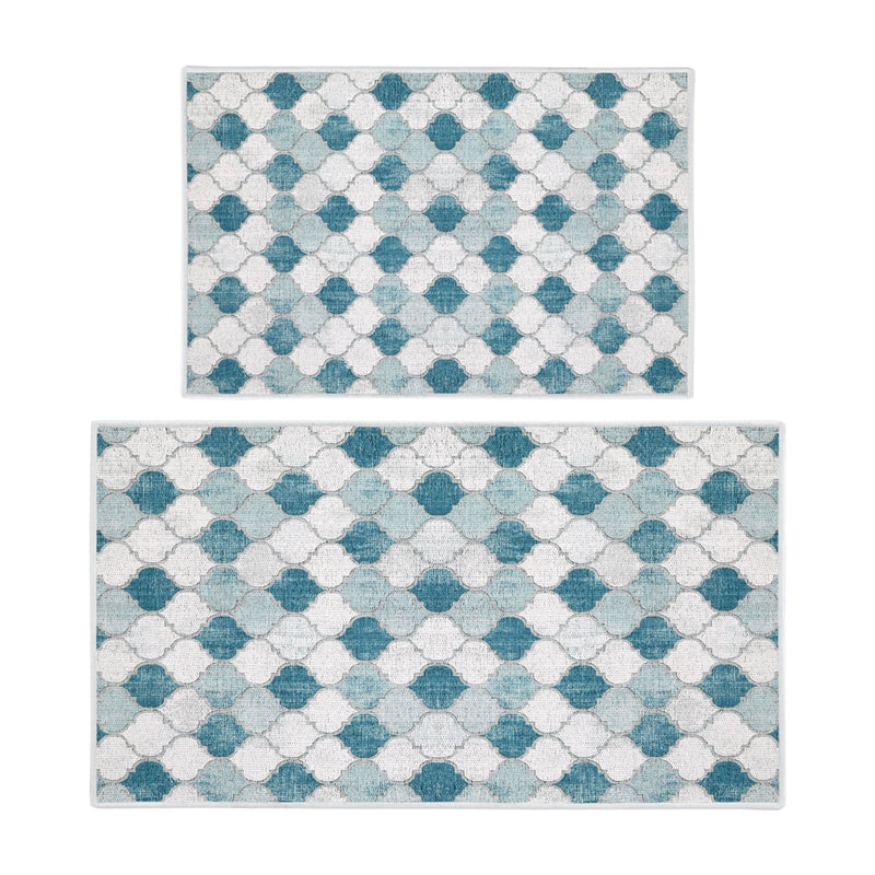 Moroccan Design Non Skid Washable Kitchen Runner Rugs Set of 2| 44 x 24 and 31.5 x 20 Inches Floor Mats |Gray&Blue