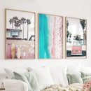Boho Coastal Prints. Pink Combi Van, Aerial Beach, Surfing by Wall Art Set