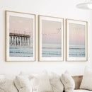 Pink Ocean Sunset Triptych. Wooden Pier, Waves, Seagulls by Wall Art Set