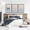 Pink Ocean Sunset Triptych. Wooden Pier, Waves, Seagulls by Wall Art Set