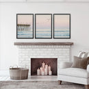 Pink Ocean Sunset Triptych. Wooden Pier, Waves, Seagulls by Wall Art Set