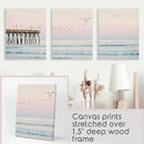 Pink Ocean Sunset Triptych. Wooden Pier, Waves, Seagulls by Wall Art Set