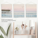 Pink Ocean Sunset Triptych. Wooden Pier, Waves, Seagulls by Wall Art Set