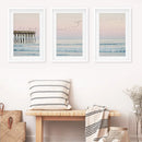 Pink Ocean Sunset Triptych. Wooden Pier, Waves, Seagulls by Wall Art Set