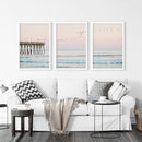 Pink Ocean Sunset Triptych. Wooden Pier, Waves, Seagulls by Wall Art Set