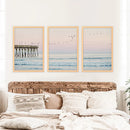 Pink Ocean Sunset Triptych. Wooden Pier, Waves, Seagulls by Wall Art Set