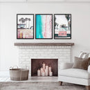 Boho Coastal Prints. Pink Combi Van, Aerial Beach, Surfing by Wall Art Set