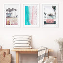 Boho Coastal Prints. Pink Combi Van, Aerial Beach, Surfing by Wall Art Set