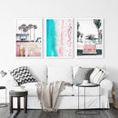 Boho Coastal Prints. Pink Combi Van, Aerial Beach, Surfing by Wall Art Set
