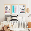 Boho Coastal Prints. Pink Combi Van, Aerial Beach, Surfing by Wall Art Set