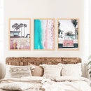 Boho Coastal Prints. Pink Combi Van, Aerial Beach, Surfing by Wall Art Set