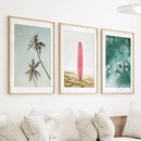 Pink Surfboard Wall Art. Pastel Beach, Waves, Tropical Palms by Wall Art Set