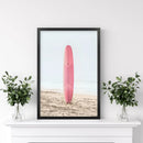 Pink Surfboard on a Sandy Beach Print. California Summer by Wall Art Set