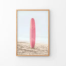Pink Surfboard on a Sandy Beach Print. California Summer by Wall Art Set