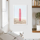 Pink Surfboard on a Sandy Beach Print. California Summer by Wall Art Set