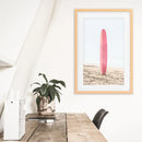Pink Surfboard on a Sandy Beach Print. California Summer by Wall Art Set