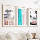 Boho Coastal Prints. Pink Combi Van, Aerial Beach, Surfing by Wall Art Set