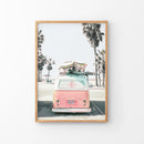 Pink Vintage Van Print. Tropical Summer Surfing Wall Art by Wall Art Set