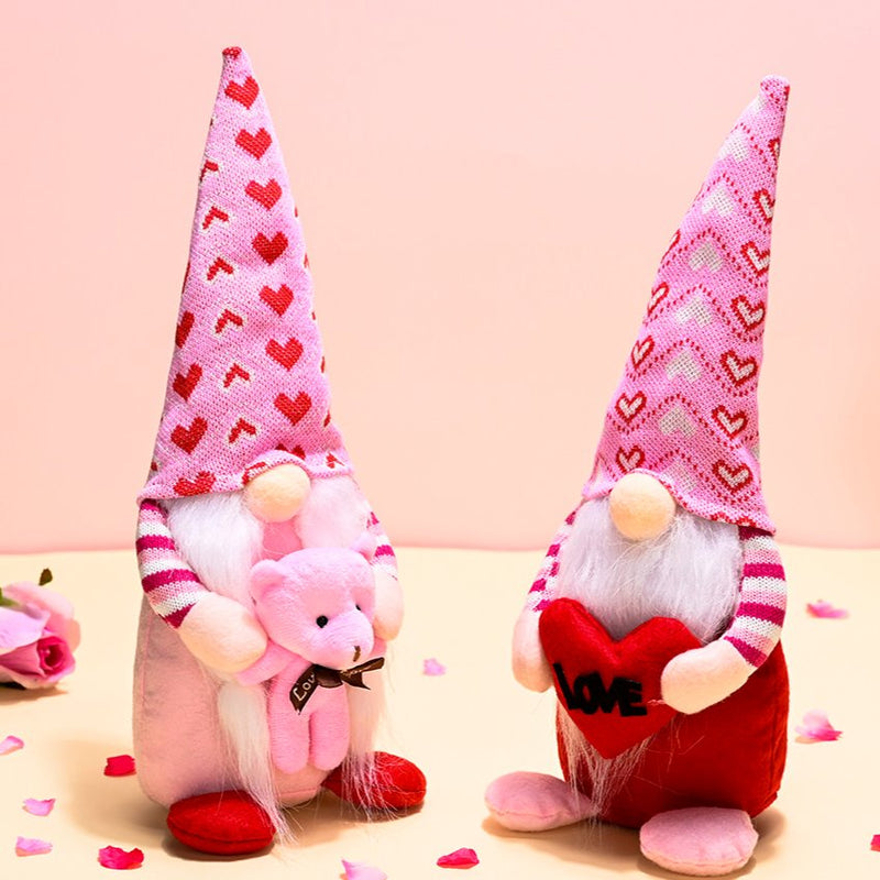 Pink and Red Lovebirds Heartwarming Set of 2 Valentines Gnomes, Standing Plush Cute Gift Decor