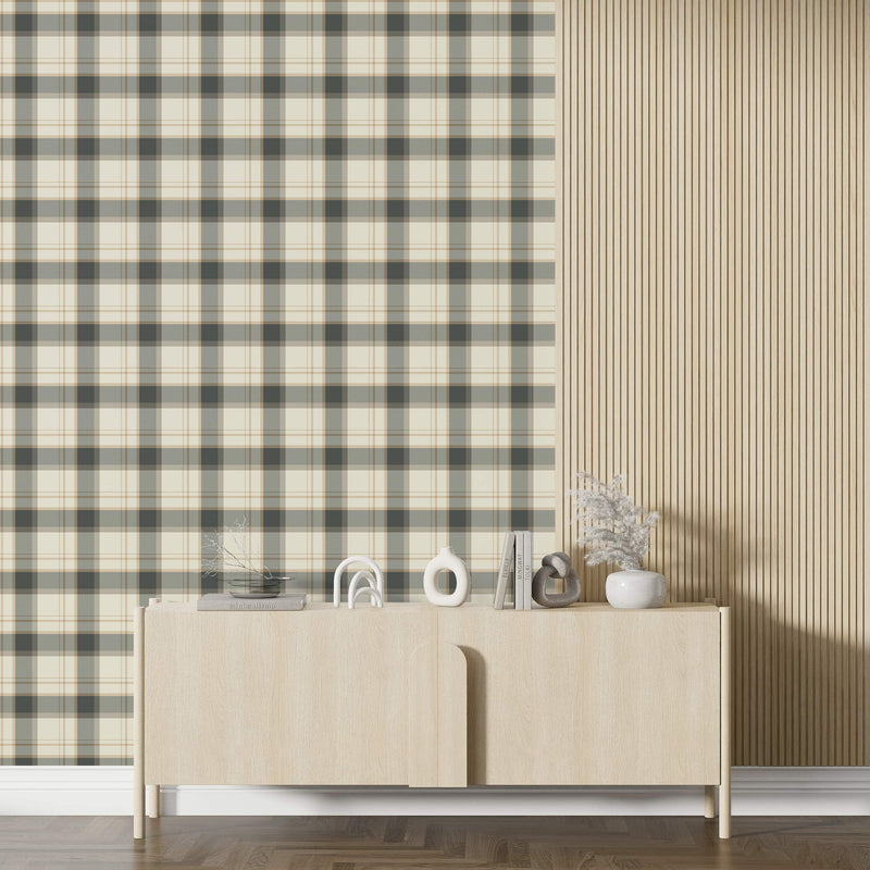 Classic Beige and Gray Plaid Wallpaper - Peel and Stick Wallpaper